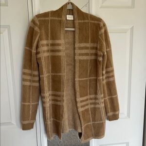 Cyprus Tan Plaid Long Open Front Fuzzy Cardigan Sweater Size Small